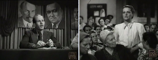 1. Előtérben Pécsi Sándor, mint jó kommunista vezető, mögötte Lenin, Rákosi és Nagysztalin elvtársak. 2. Tömeggyűlés a munkásoknak, felszólal és panaszkodik az akkor még ingadozó Tolnay Klári.